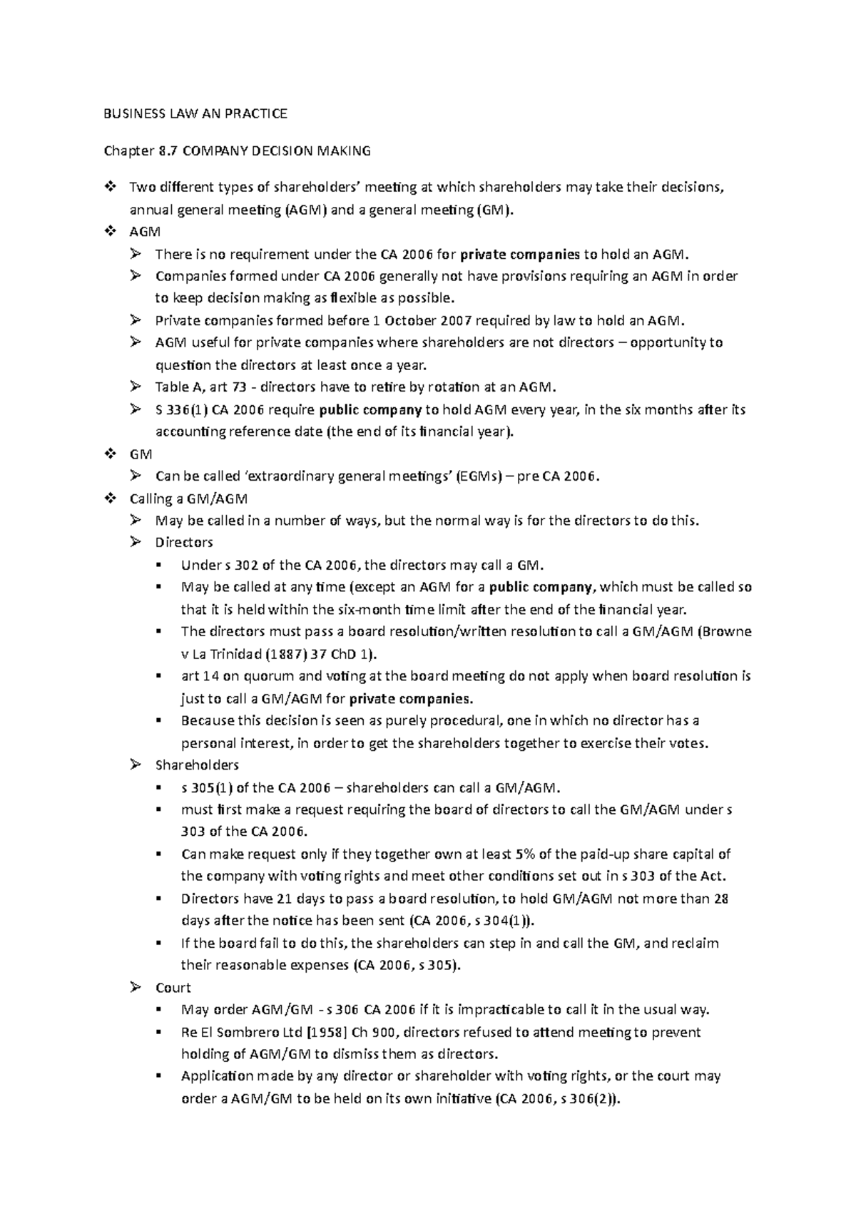 Chapter 8 - BUSINESS LAW AN PRACTICE Chapter 8 COMPANY DECISION MAKING ...
