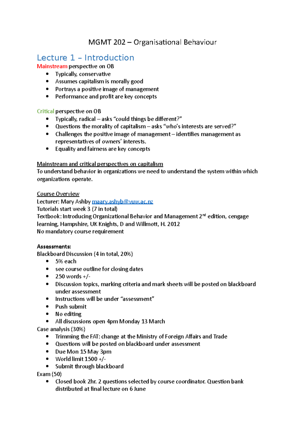 MGMT 202 - Organisational Behaviour Lecture Notes (Sessions 1-12) - Studocu