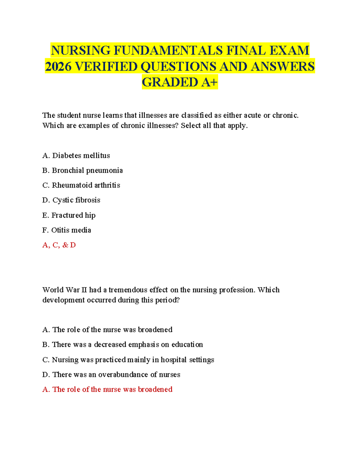 NURS 101 FINAL EXAM 2026: VERIFIED QUESTIONS & ANSWERS - Studocu