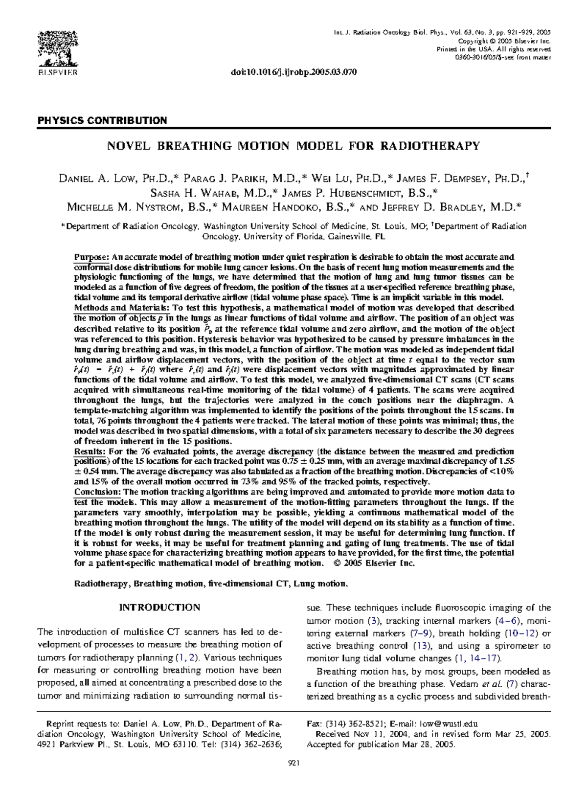 Novel Breathing Motion Model for Radiotherapy (RT) - Low et al. 2005 ...