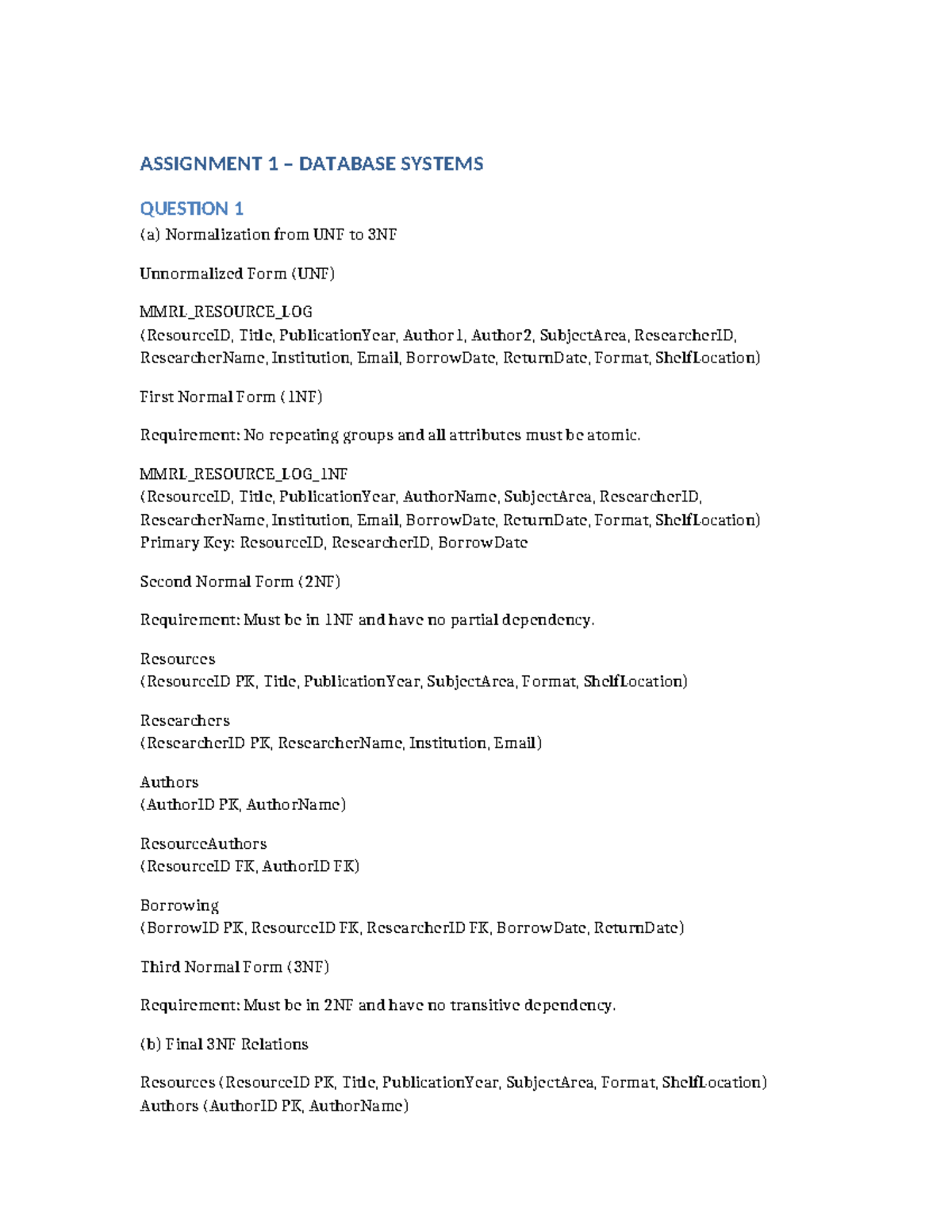 Assignment 1: Database Normalization to 3NF Analysis - Studocu