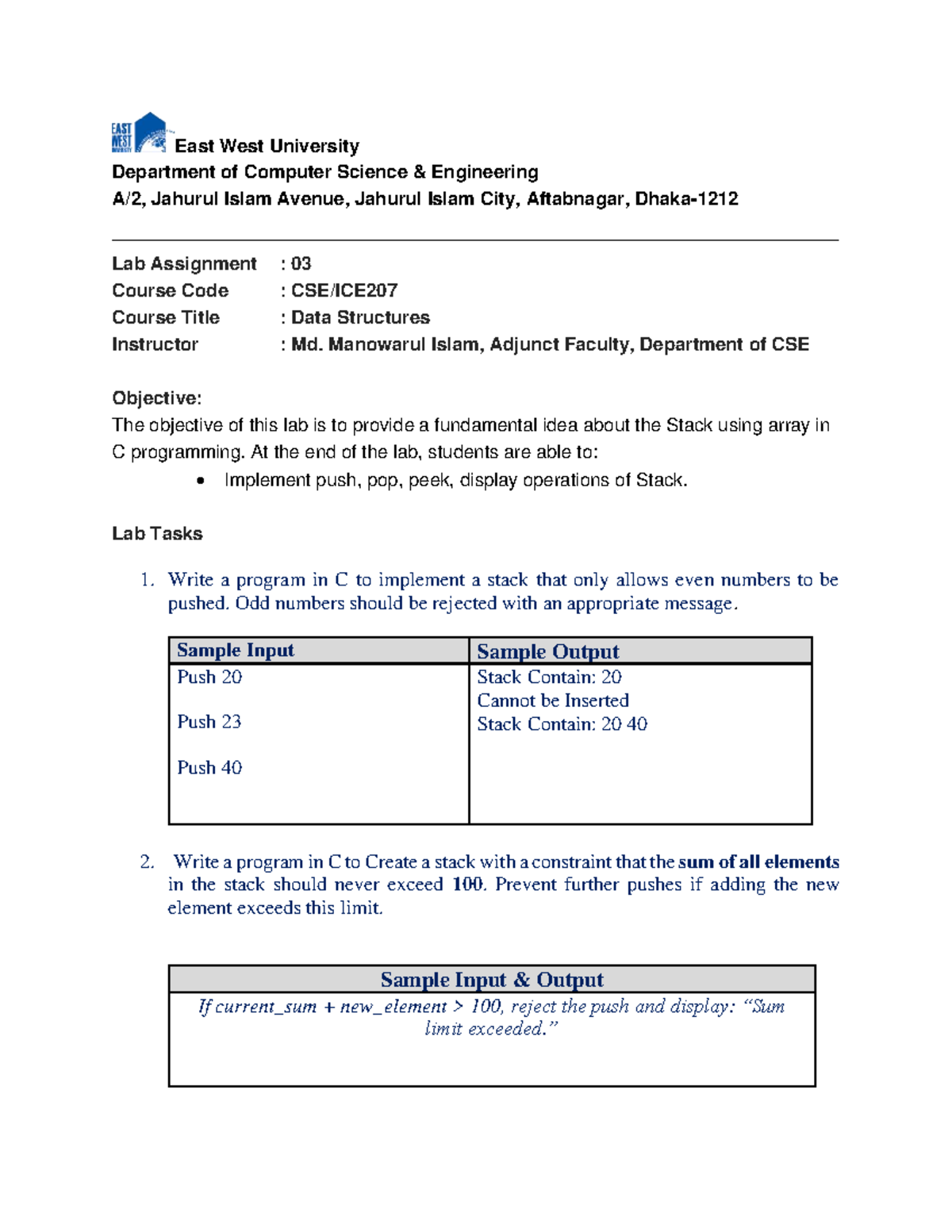 Lab Assignment 3: Stack Implementation in C (CSE 202) Spring 25 - Studocu