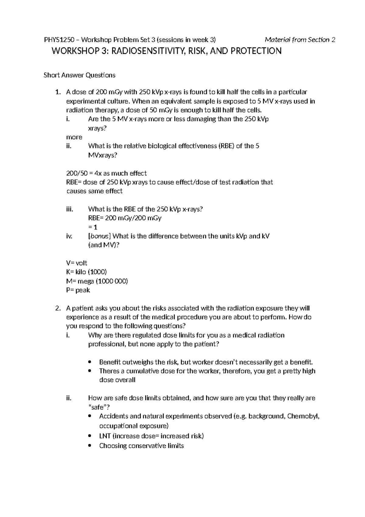 PHYS1250 Workshop Problem Set 3: Radiosensitivity & Risk Analysis - Studocu