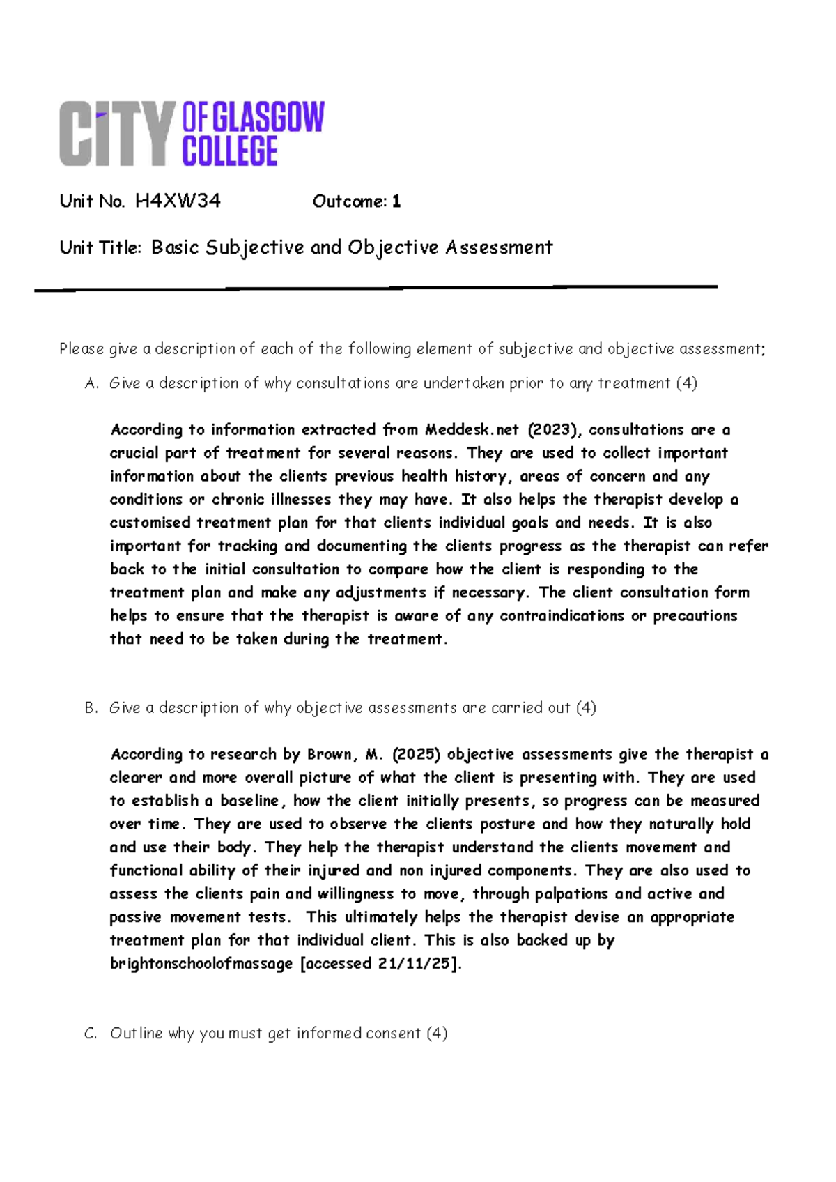 Unit H4XW34: Subjective & Objective Assessment Overview - Studocu
