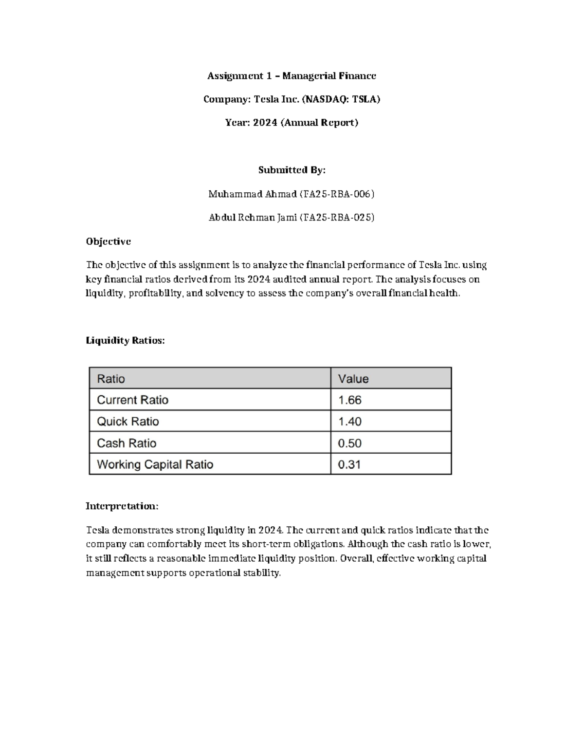 Assignment 1: Financial Analysis of Tesla Inc. (TSLA) 2024 Annual ...