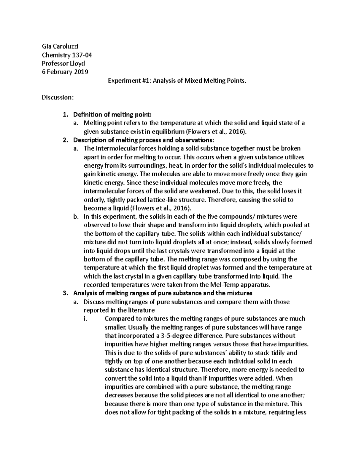 Chemistry 137 - Mandatory Lab Report on Mixed Melting Points Analysis ...