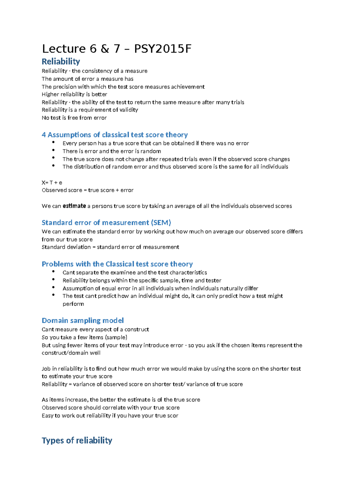 Lecture 6 & 7 PSY2015F: Understanding Reliability in Psychometrics ...
