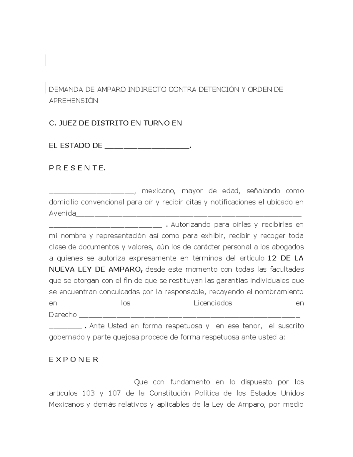 Demanda de Amparo Indirecto contra Orden de Aprehensión - Modelo ...
