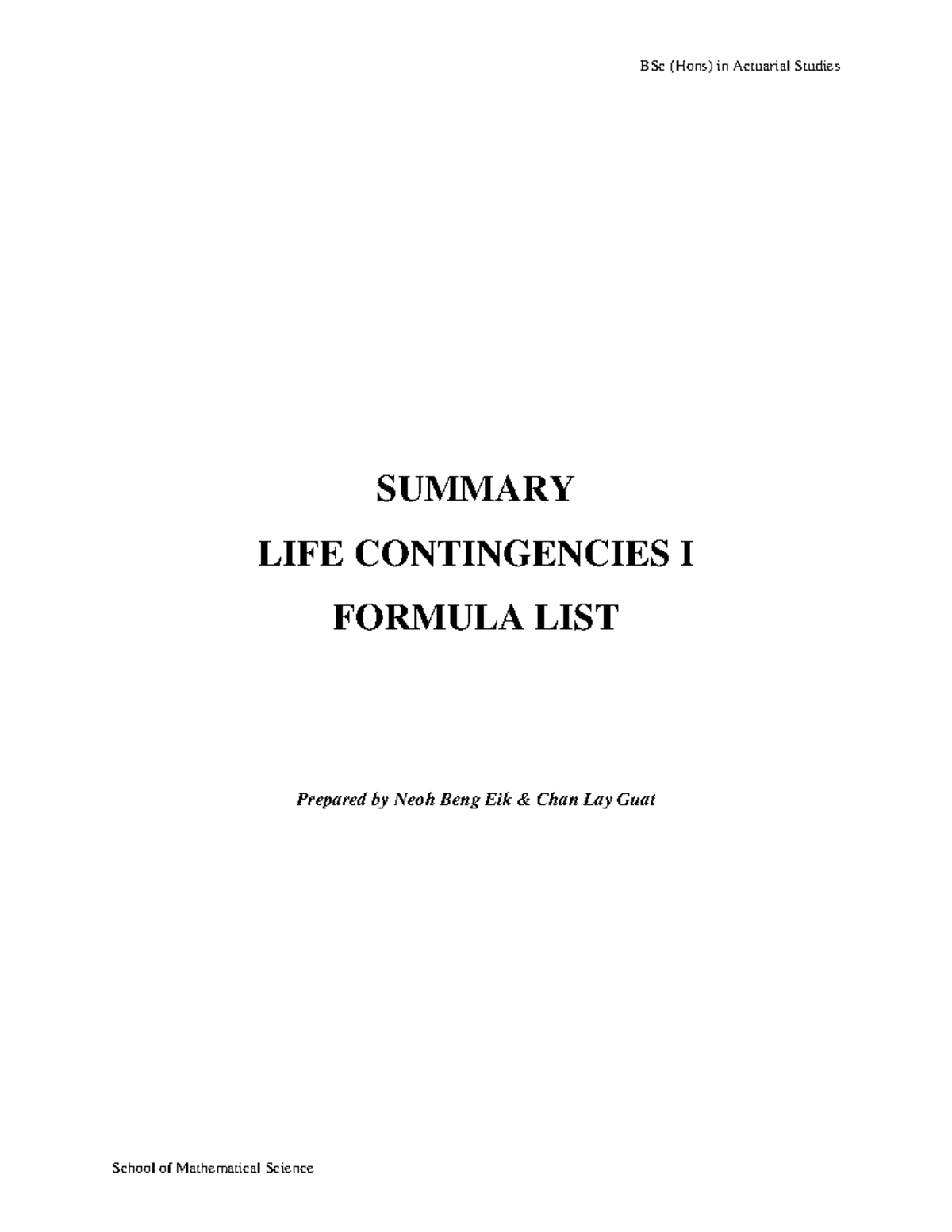 Life Contingencies I: Essential Formula List Revision - Studocu