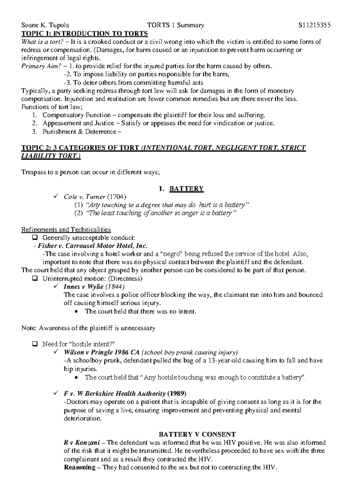 TORTS 1 Summary S11215355: Key Concepts and Case Law Insights - Studocu