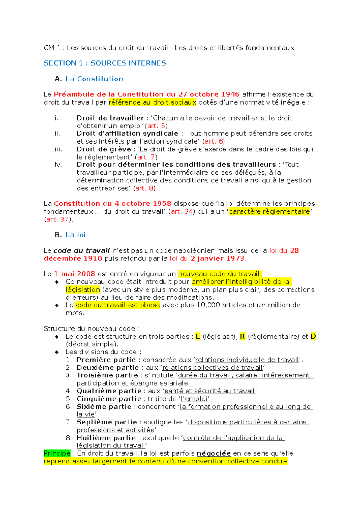 Cours 1 - N/A - CM 1 : Les sources du droit du travail - Les droits et ...