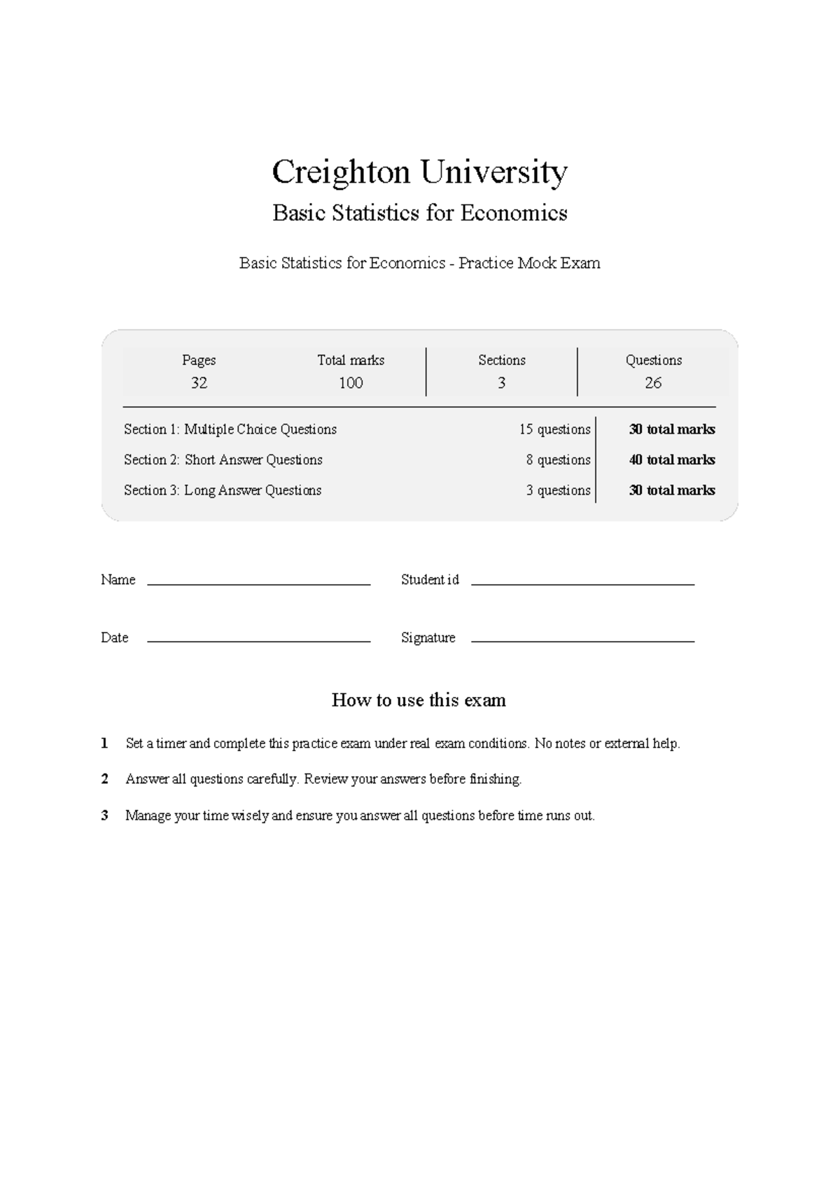 ECONO22 Basic Statistics for Economics Practice Mock Exam 2026 - Studocu