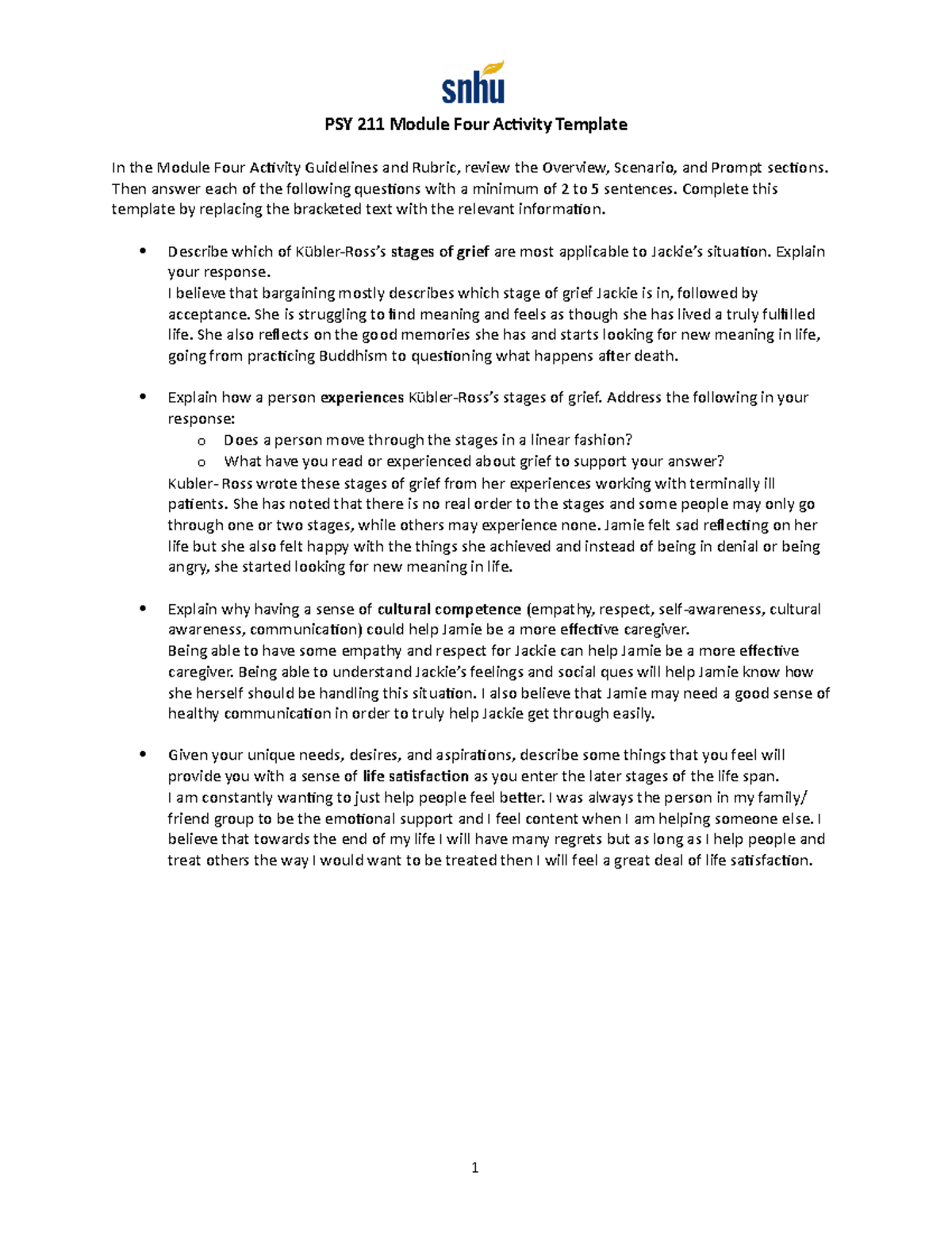 PSY 211 Module Four Grief Stages & Cultural Competence Insights - Studocu