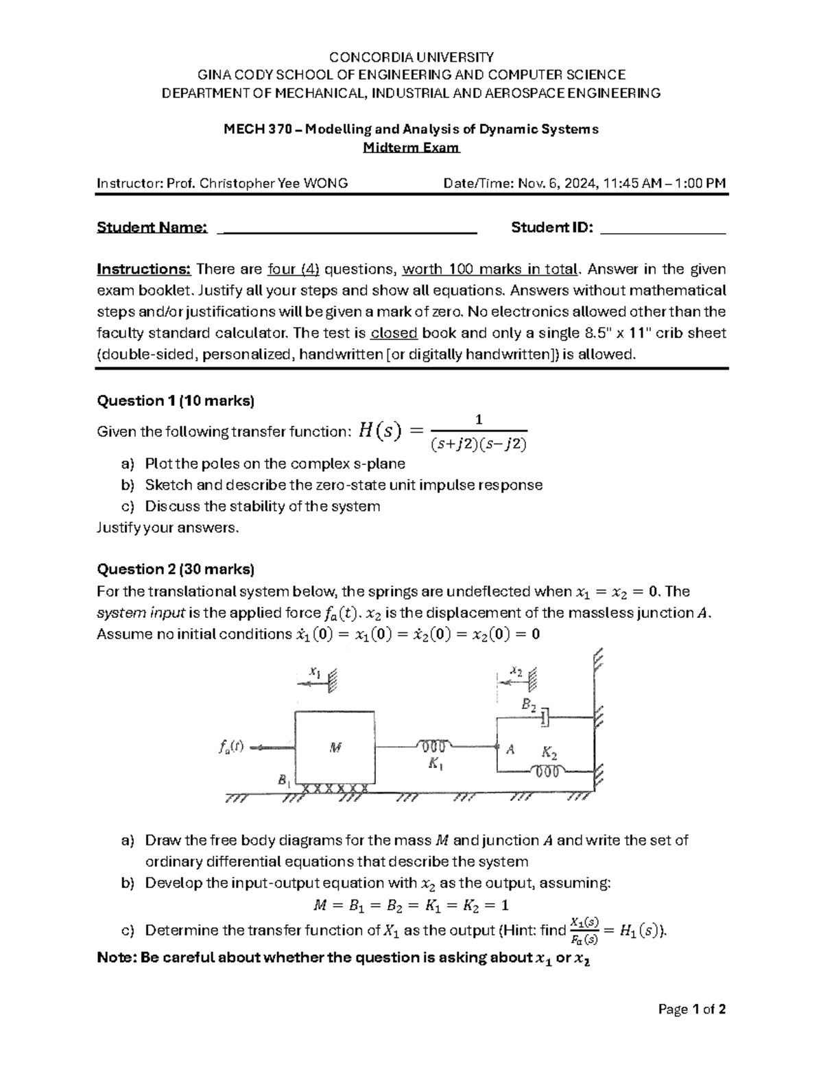 MECH370 Midterm Exam Review - Fall 2024: Modeling Dynamic Systems - Studocu
