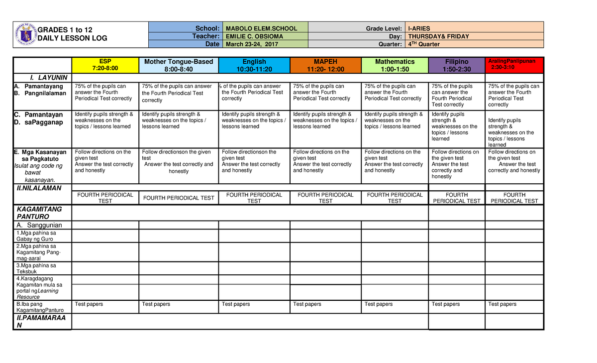 MABOLO ELEM. SCHOOL Lesson Plan for 4th Quarter Periodical Test - Studocu
