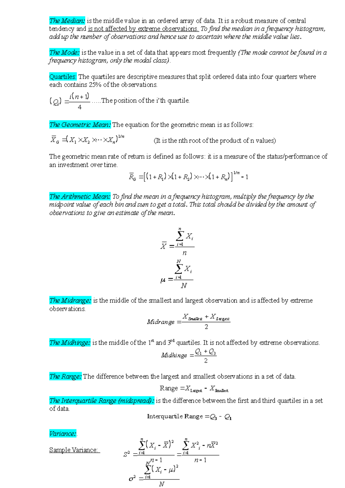 Stat 101: Final Exam Notes on Descriptive Statistics and Probability ...