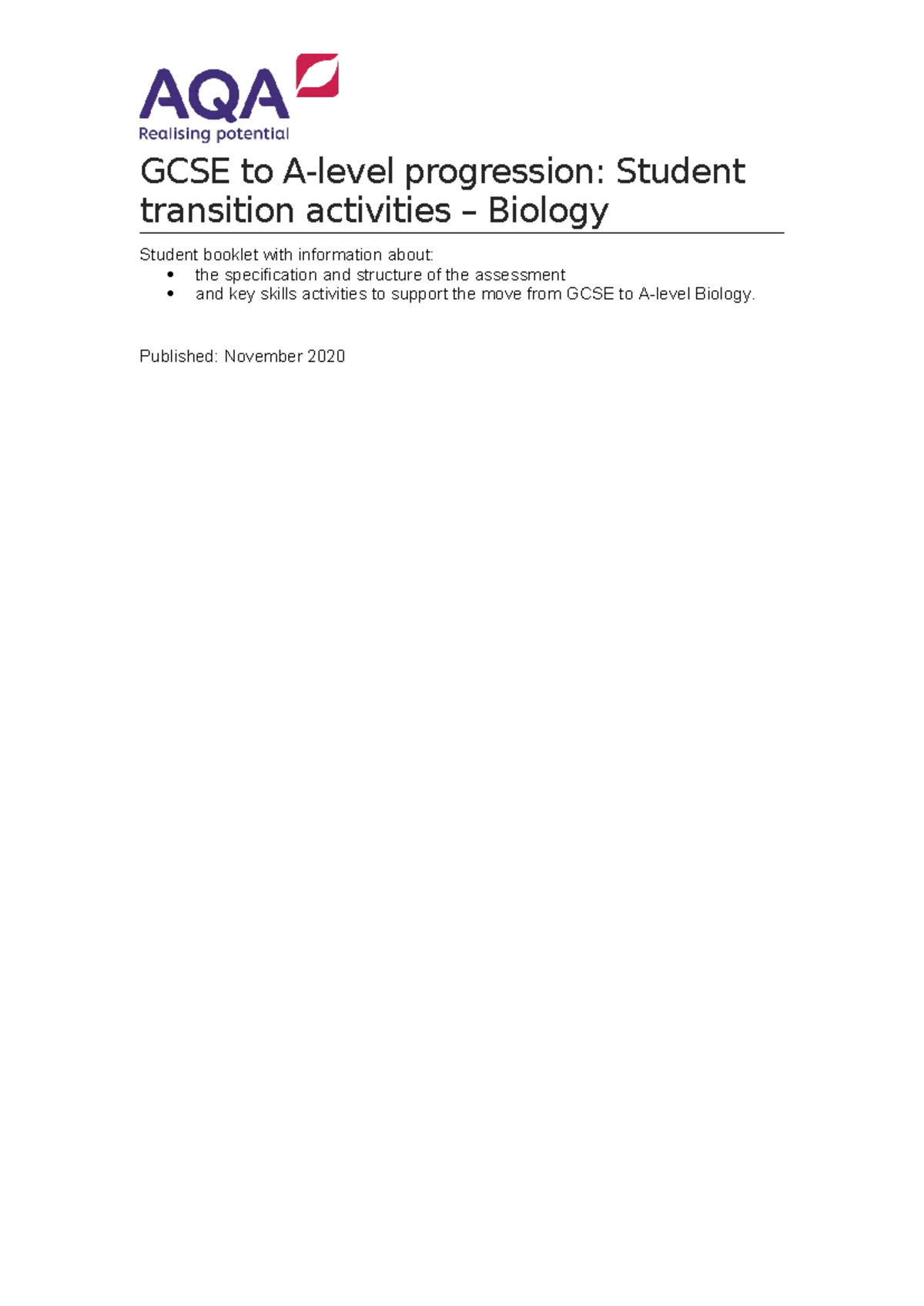 AQA 7401 7402 GCSE to A Level Biology Transition Activities Guide - Studocu
