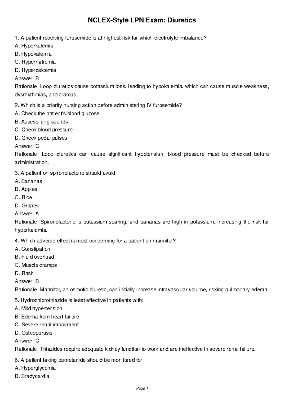 NCLEX LPN Exam: Diuretics Study Guide and Key Concepts - Studocu