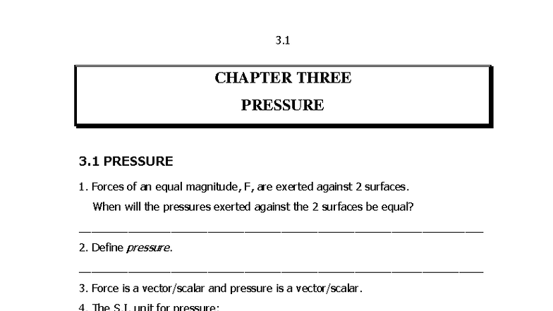 CHAP-3 Pressure Notes: Understanding Forces and Fluid Dynamics - Studocu
