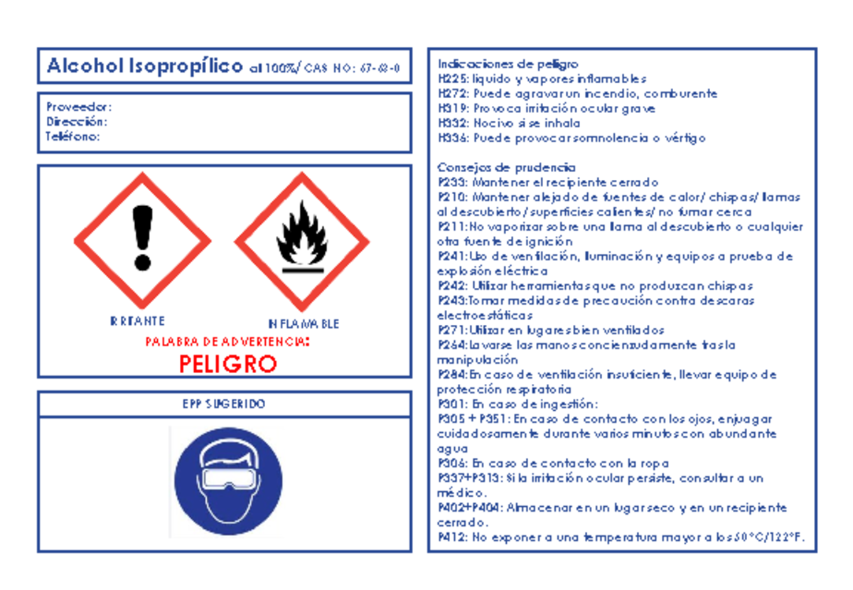 Etiquetas de Seguridad para Alcohol Isopropílico al 100% - PELIGRO