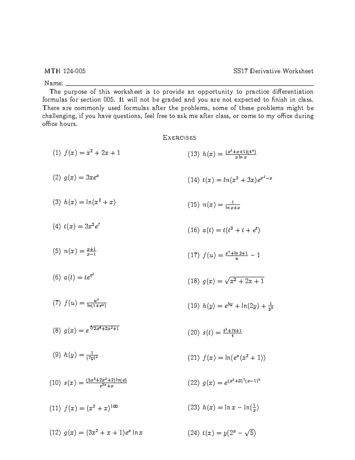 MTH 124-005 SS17 Derivative Practice Worksheet - Studocu