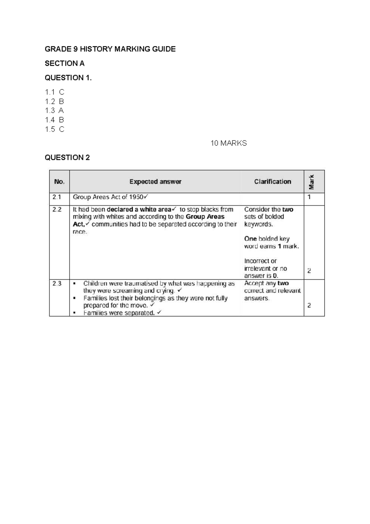 Grade 9 History Marking Guide - November Exam - Studocu