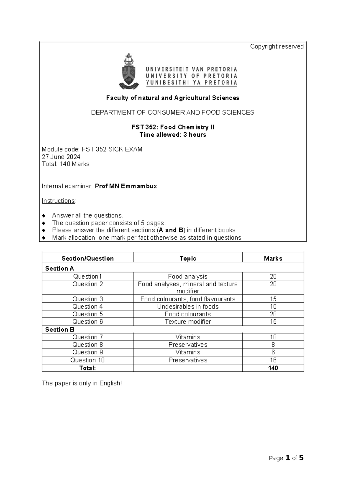 FST 352: Food Chemistry II 2024 Sick Exam Paper - Studocu
