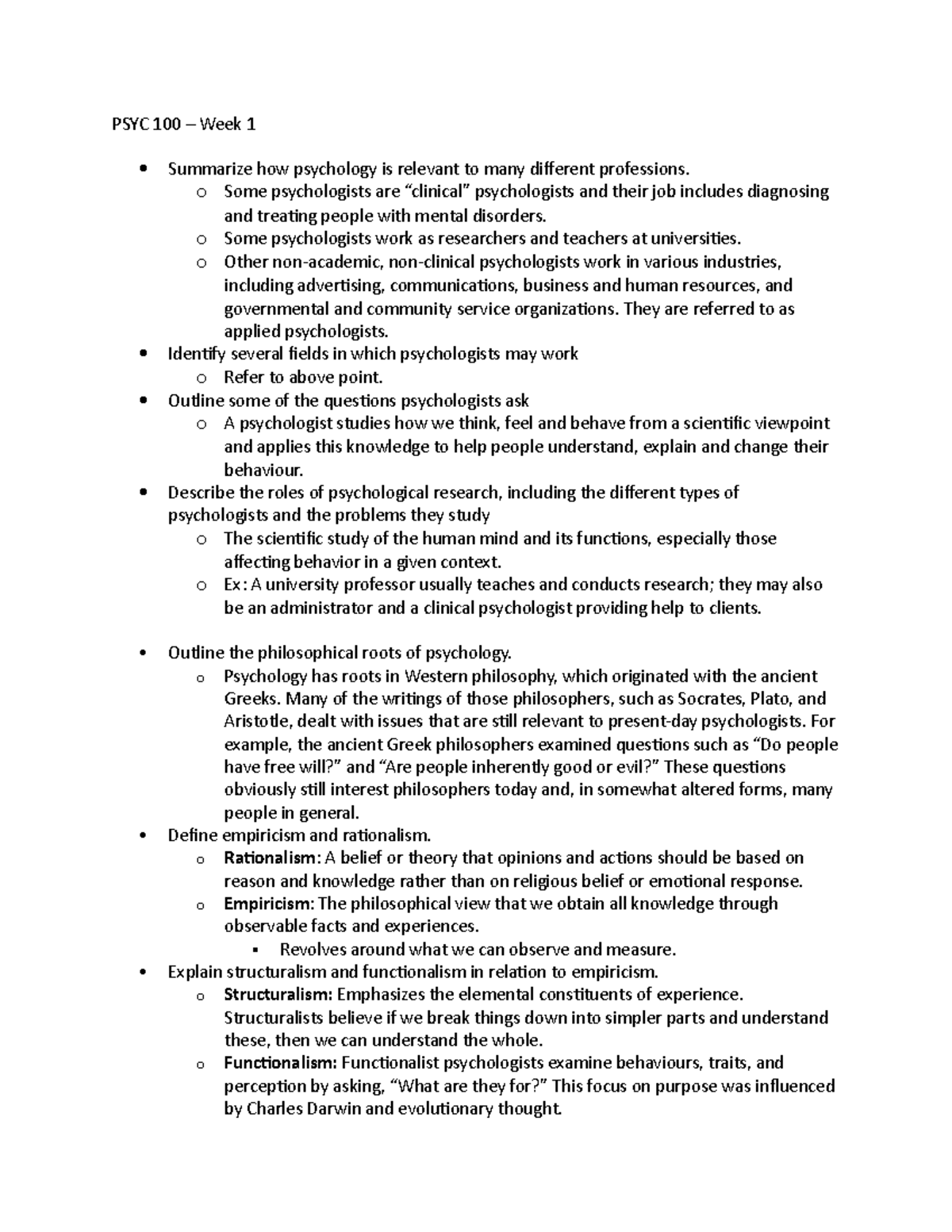 PSYC 100 - Week 1 - PSYC 100 Week 1 Summarize how psychology is ...