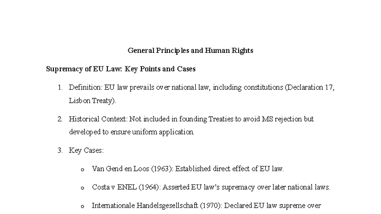 Supremacy of EU Law: Key Principles and Landmark Cases Analysis - Studocu
