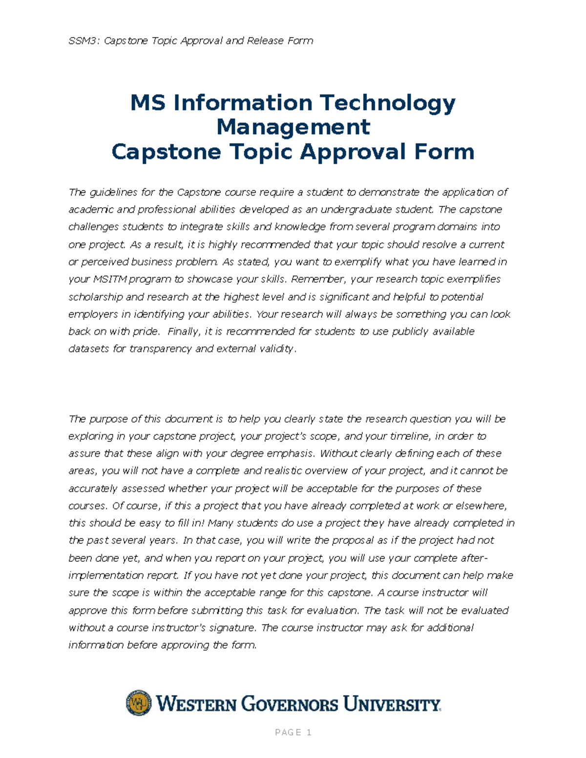 SSM3: MSITM Capstone Topic Approval & Project Overview Form - Studocu