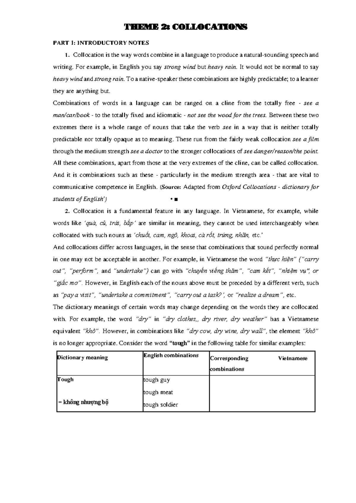 Unit 2: Collocations Part 1 - Introductory Notes and Practice - Studocu