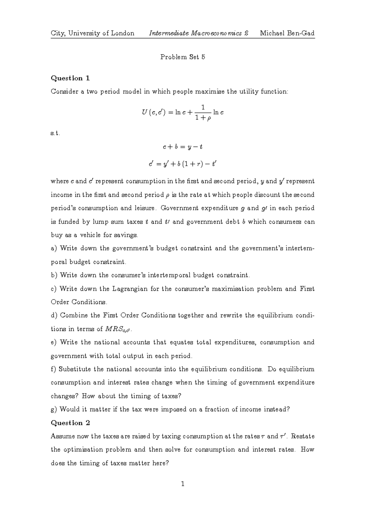Tutorial 5 Questions - City, University of London Intermediate ...