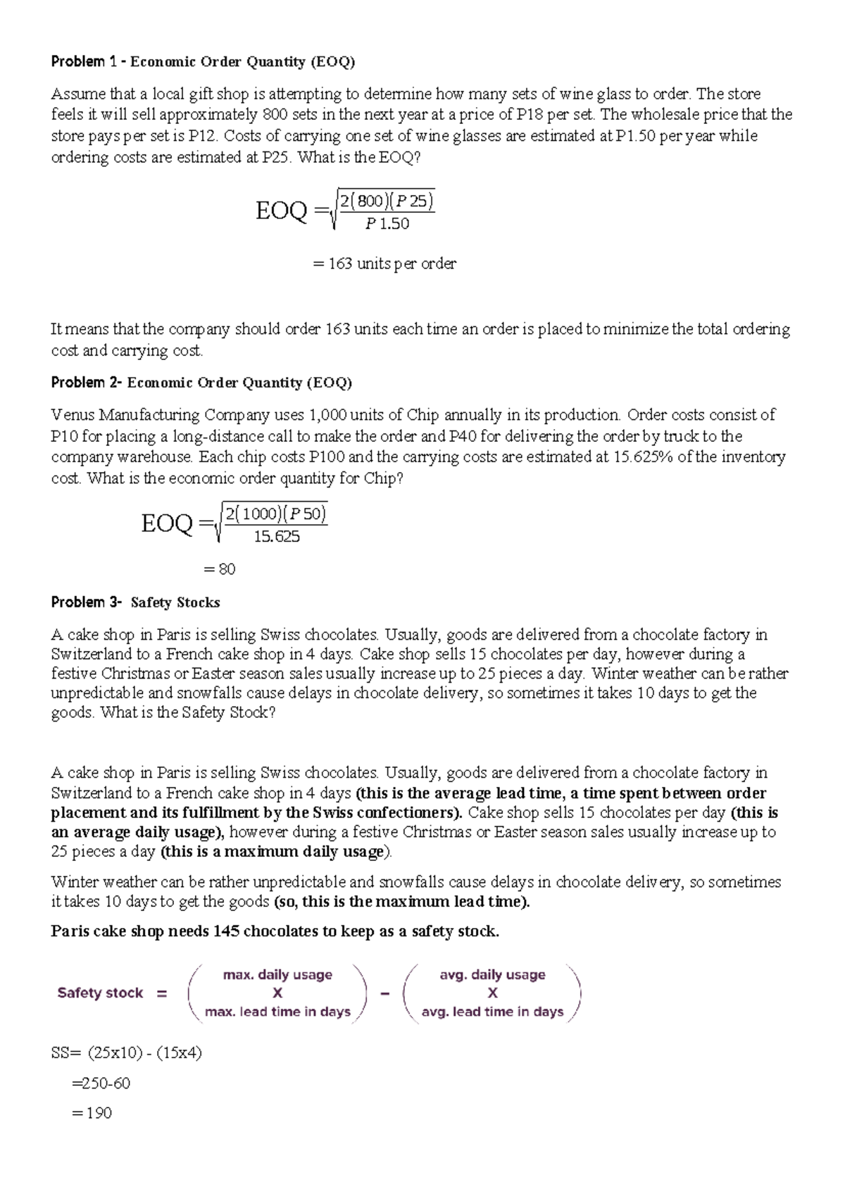 Inventory Management: EOQ & Safety Stock Calculations - Studocu