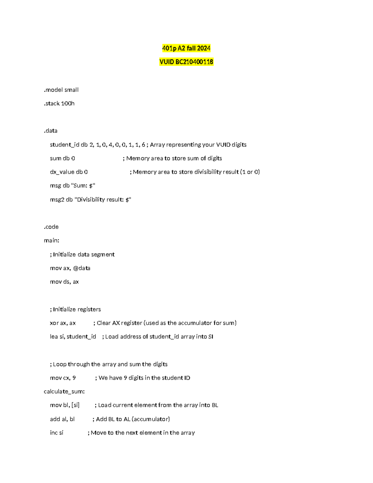 401p A2 Fall 2024 - VUID Digit Sum & Divisibility Assignment - Studocu