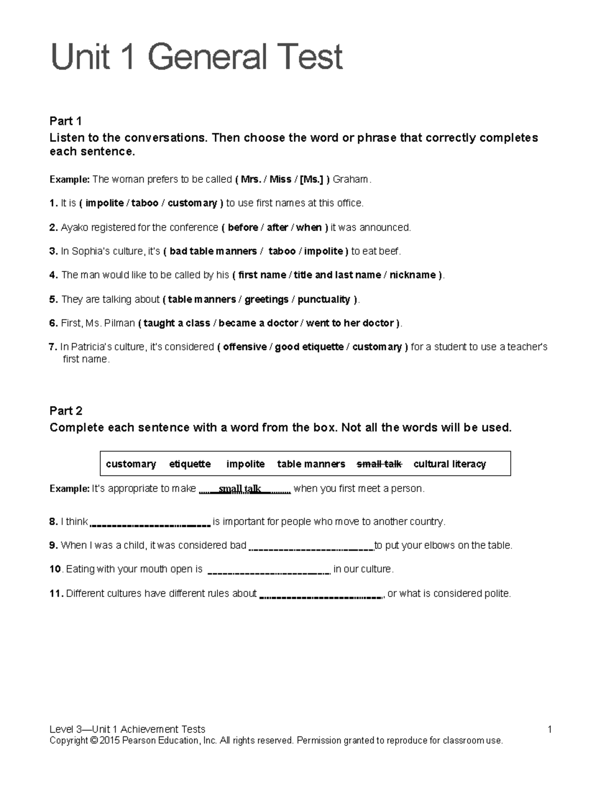 Unit 1 General Test Part 1: Conversations & Sentence Completion - Studocu