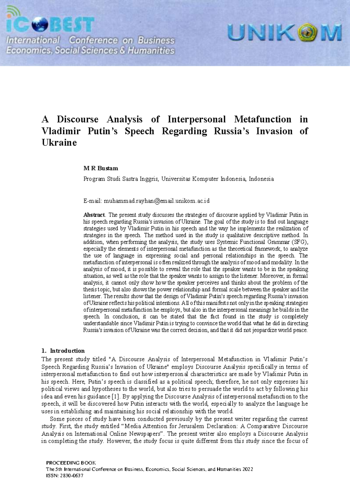 A Discourse Analysis of Interpersonal Metafunction in Vladimir Putin's ...