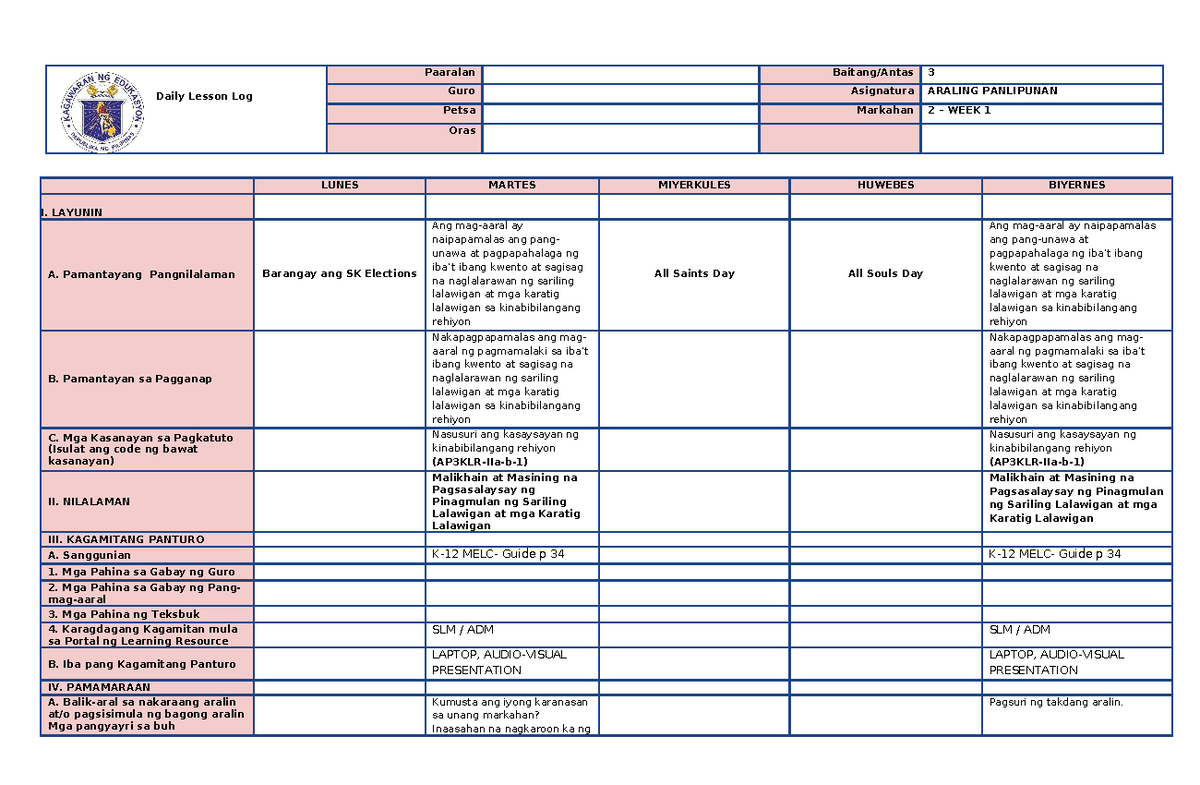 AP 3 Q2-W1 - Daily Lesson Log on Rehiyon CALABARZON - Studocu