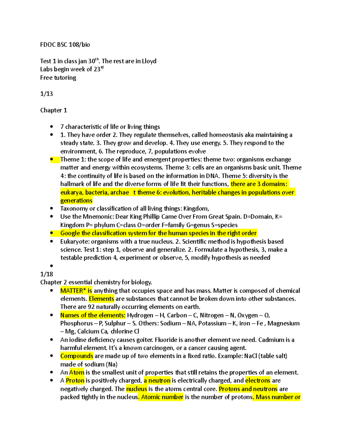 BSC 108 - Comprehensive Biology Study Notes for Test 1 - Studocu