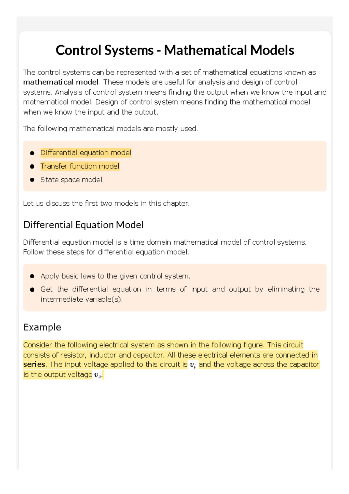 Control Systems 4 - Mathematical Models Overview and Examples - Studocu