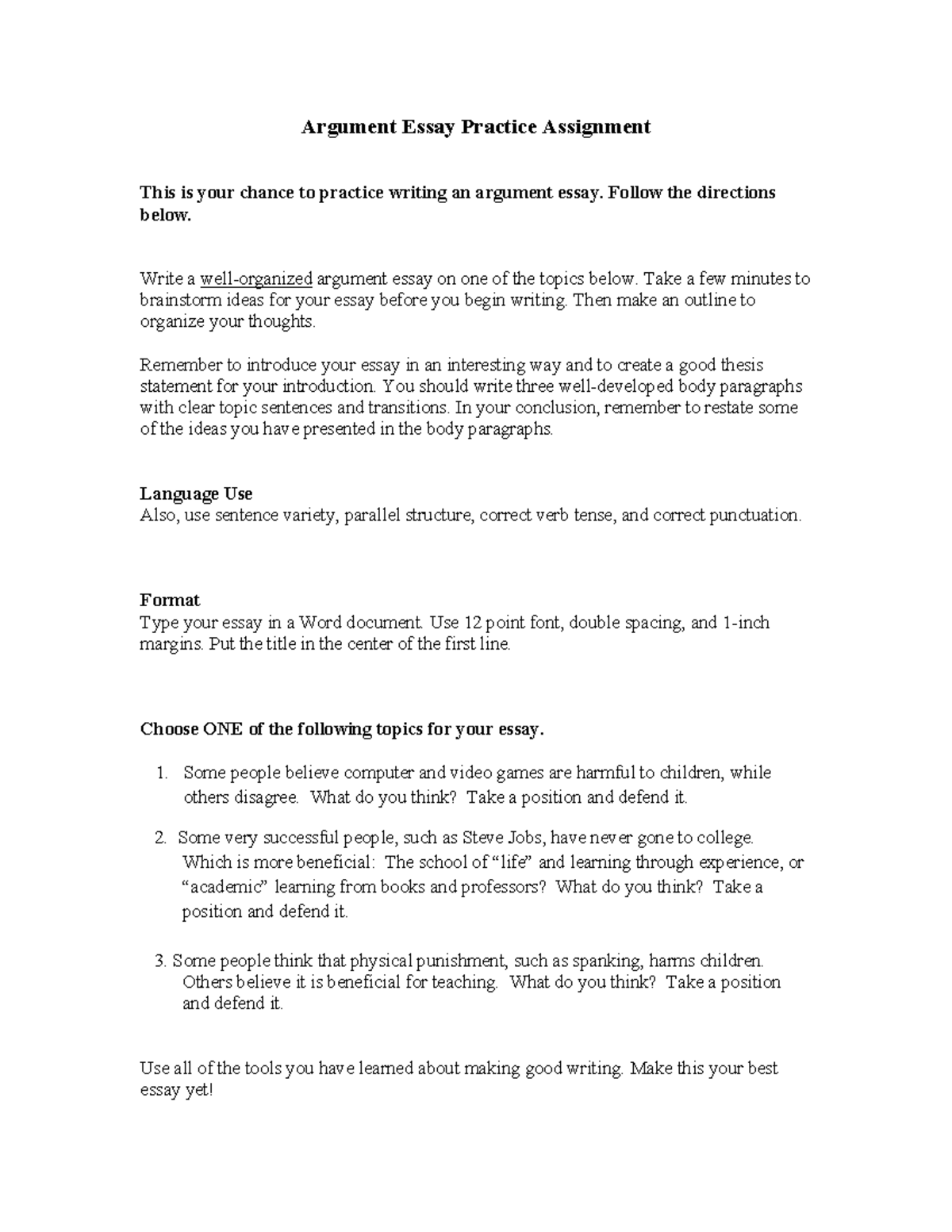 Argument Essay Practice Assignment (ENG 101) - Studocu
