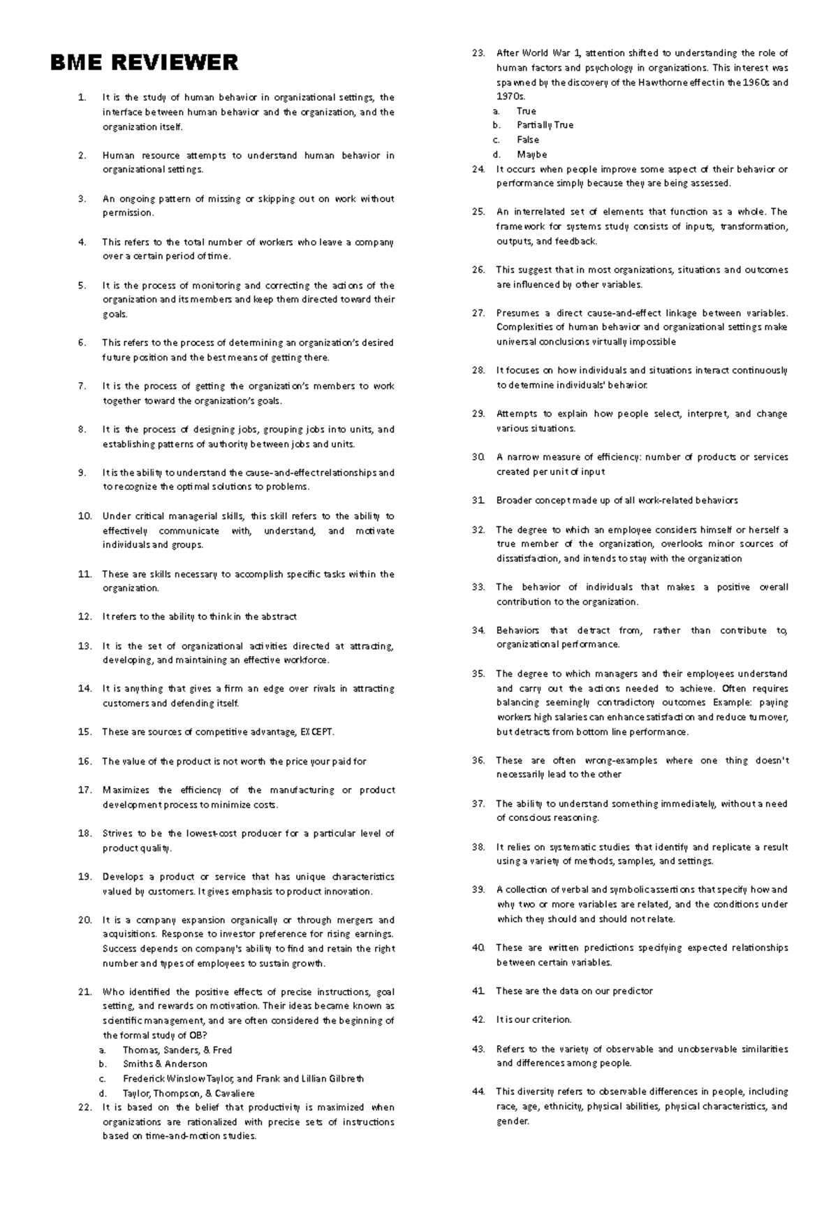 BME 101: Organizational Behavior and Human Resource Management Reviewer ...