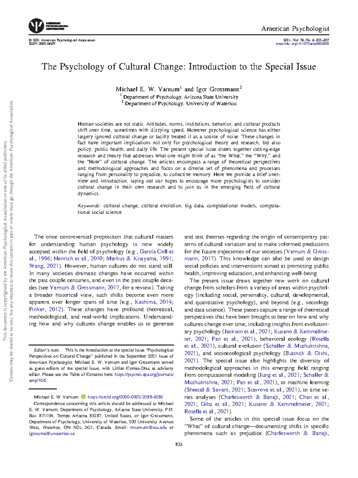 Psychology 2022 Cultural Change: Insights and Perspectives on Dynamics ...