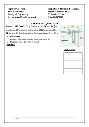 Final Exam 2021 Properties and Strength of Materials - Sana'a ...