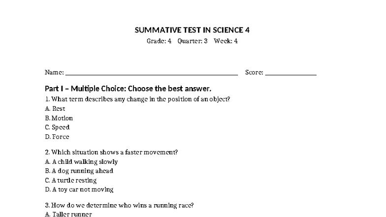 SUMMATIVE TEST SCIENCE 4 Q3 W4: MOTION & SPEED QUESTIONS - Studocu