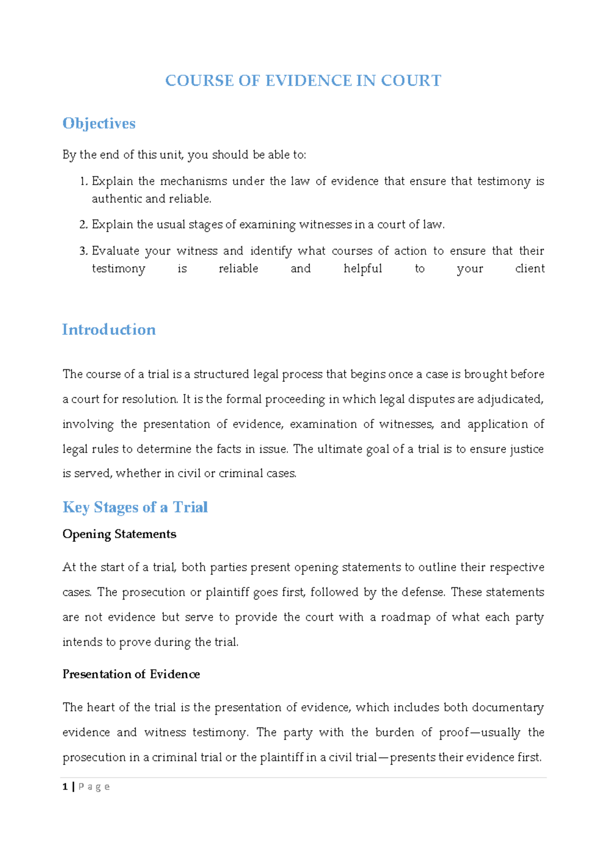COURSE CODE: EVID 101 - Evidence in Court: Key Mechanisms & Stages ...