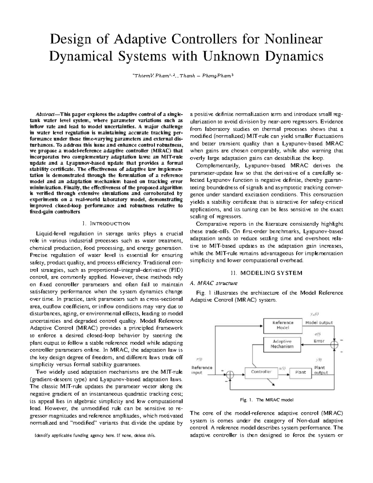 Adaptive Control Design for Nonlinear Systems: MRAC Approach - Studocu