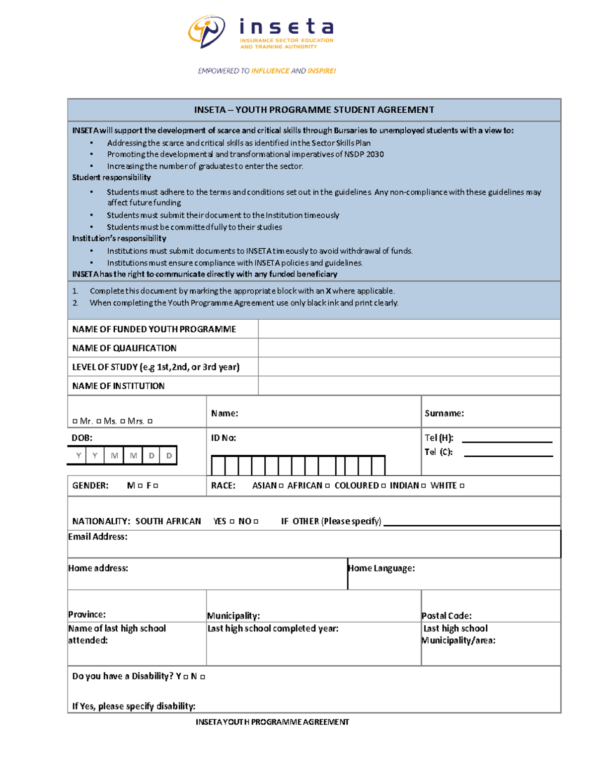 INSETA Youth Programme Student Agreement: Key Terms & Responsibilities ...