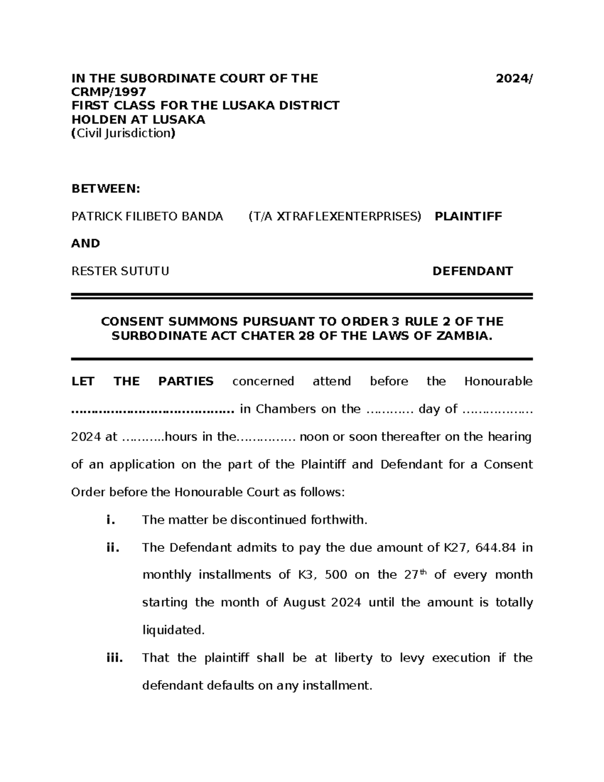 Consent Summons: Banda vs. Sututu - Lusaka District Court - Studocu