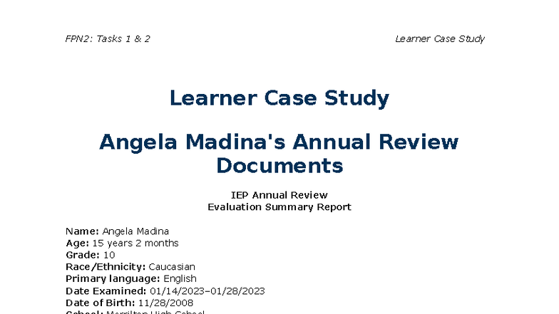 FPN2: Angela Madina's Learner Case Study & IEP Review - Studocu