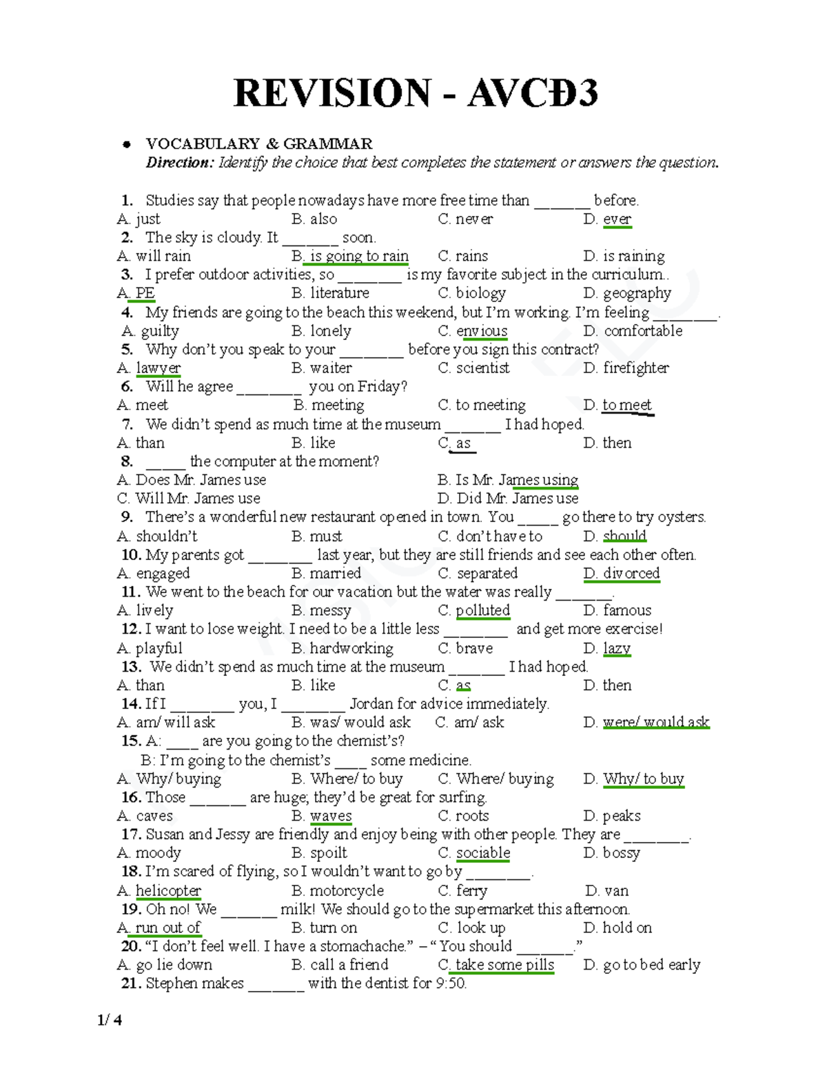 REVISION AVCĐ3 VOCABULARY & GRAMMAR Practice Questions and Answers ...